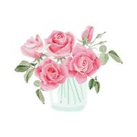 buquê de flores rosa aquarela em vaso de vidro para dia dos namorados vetor