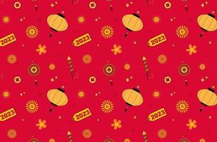 ano Novo Chinês. padrão com 2023, lanternas chinesas, moedas e flores vetor