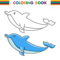 o adorável e alegre golfinho sorridente salta sobre a água colorida e delineada. ilustração em vetor desenho animado isolada no branco. página de uma coloração.