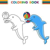 livro de colorir para crianças, vetor de golfinho jogando bola