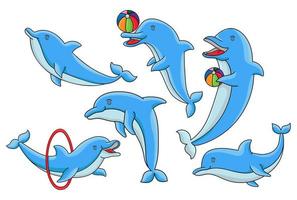 golfinhos com bolas. jogo de personagem de golfinho azul bonito dos desenhos animados, pule através do aro e desenhe. conjunto de vetores de desempenho de dolphinarium de animais marinhos. ilustração de aro de salto de desempenho de show de golfinhos