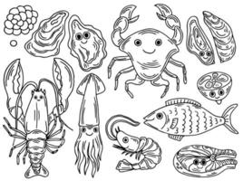 conjunto de doodle de peixe desenhado à mão. rabiscos abstratos hipster para impressões com criaturas engraçadas. peixe, água-viva, estrela do mar, peixe bolha. ilustrações em vetor preto e branco kawaii isoladas no fundo branco.