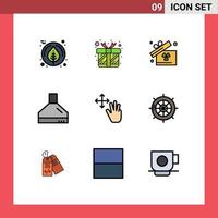 9 interface do usuário pacote de cores planas de linha cheia de sinais e símbolos modernos de gestos náuticos caixa dedo cozinha elementos de design de vetores editáveis