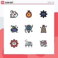 9 interface do usuário pacote de cores planas de linha cheia de sinais e símbolos modernos de comida de bulbo configuração de beterraba global elementos de design de vetores editáveis