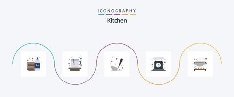 pacote de ícones de cozinha plana 5, incluindo cozinhar. pesagem. culinária. escala. verificar peso vetor