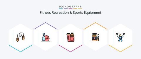 recreação de fitness e equipamentos esportivos 25 pacote de ícones de linha preenchida, incluindo suplemento. proteína. garrafa. ganhador. esporte vetor