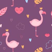 padrão sem emenda de vetor com linda rainha flamingo rosa com uma coroa, nuvens, folhas tropicais e corações. design elegante.