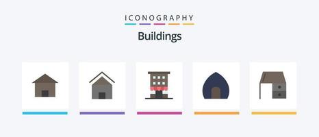 edifícios flat 5 icon pack incluindo móveis. escritório. vitrine. museu. casa. design de ícones criativos vetor