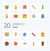 Pacote de ícones de cores planas de 20 escolas como lápis de educação de geografia de estudo de bola vetor
