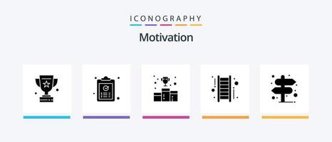 pacote de ícones de glifo de motivação 5, incluindo sucesso. pra cima. tarefa. escada. medalha. design de ícones criativos vetor