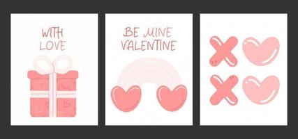 um conjunto de três cartões de dia dos namorados fofos verticais. conceito de design de cartões rosa com um presente, arco-íris e xoxo. ilustração vetorial de amor. vetor