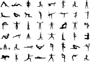silhuetas vetoriais de mulher praticando ioga e fitness. formas de garota magro fazendo exercícios de ioga em poses diferentes, isoladas no fundo branco. ícones de ioga. vetor