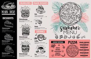 cardápio de verão. design de menu de comida de restaurante, ilustrações desenhadas à mão. panfleto de comida de vetor. vetor