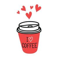 xícara de café de papel dos desenhos animados eu amo café com corações. vetor