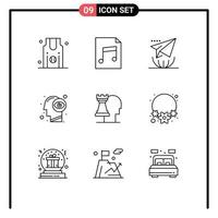 conjunto de 9 sinais de símbolos de ícones de interface do usuário modernos para negócios modernos, visão visual, mente, elementos de design de vetores editáveis