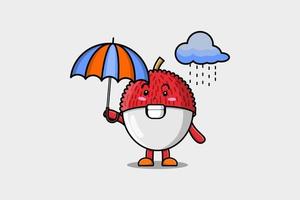 lichia bonito dos desenhos animados na chuva usando um guarda-chuva vetor