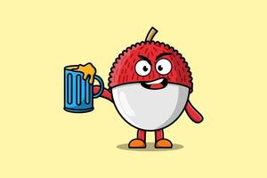 personagem de desenho animado de lichia fofo com copo de cerveja vetor