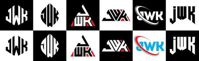 design de logotipo de letra jwk em seis estilos. polígono jwk, círculo, triângulo, hexágono, estilo plano e simples com logotipo de carta de variação de cor preto e branco definido em uma prancheta. logo minimalista e clássico jwk vetor