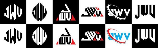 design de logotipo de carta jwv em seis estilos. polígono jwv, círculo, triângulo, hexágono, estilo plano e simples com logotipo de carta de variação de cor preto e branco definido em uma prancheta. jwv logotipo minimalista e clássico vetor