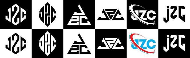 design de logotipo de letra jzc em seis estilos. jzc polígono, círculo, triângulo, hexágono, estilo plano e simples com logotipo de carta de variação de cor preto e branco definido em uma prancheta. logotipo minimalista e clássico jzc vetor