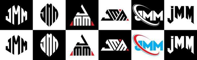 design de logotipo de carta jmm em seis estilos. jmm polígono, círculo, triângulo, hexágono, estilo plano e simples com logotipo de carta de variação de cor preto e branco definido em uma prancheta. logotipo minimalista e clássico jmm vetor