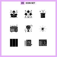 conjunto de pictogramas de 9 glifos sólidos simples de balão de ar, rádio, faísca, boom, caixa, funil, elementos de design vetorial editáveis vetor