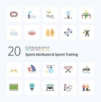 20 atributos esportivos e pacote de ícones de cores planas de treinamento esportivo, como bolsa de bastão de barco, treinamento de lacrosse vetor