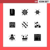 grupo de 9 sinais e símbolos de glifos sólidos para configurações de vídeo de comida, página do player, elementos de design de vetores editáveis