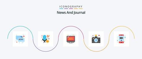 news flat 5 icon pack incluindo câmera. meios de comunicação. campanha. comunicação. atualizar vetor