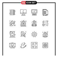 grupo de símbolos de ícone universal de 16 contornos modernos de lista de registro imac de carta de dia dos namorados elementos de design de vetores editáveis