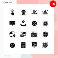 16 sinais de glifos sólidos universais, símbolos de mensagem, bolha, pirâmide alimentar, carreira, elementos de design de vetores editáveis