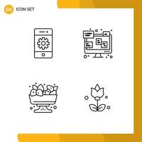 pacote de interface do usuário de 4 cores planas básicas de linhas preenchidas de configurações de frutas de comunicação elementos de design de vetores editáveis
