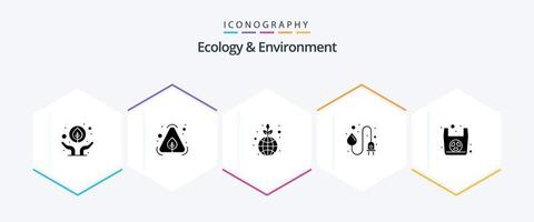 pacote de ícones de 25 glifos de ecologia e meio ambiente, incluindo saco de papel. energia da água. verde. tomada. indústria vetor