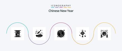 pacote de ícones do glifo 5 do ano novo chinês, incluindo asiático. lanterna. chinês. luminária. yin yang vetor