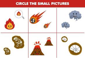 jogo de educação para crianças, circule a pequena imagem de desenho bonito, fogo, meteoro, fumaça, vulcão, fóssil, planilha de natureza imprimível vetor