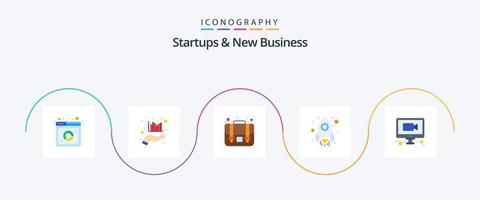 startups e novos negócios flat 5 icon pack incluindo vídeo. bate-papo. marketing. comece. o negócio vetor