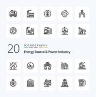 20 fontes de energia e pacote de ícones de linha da indústria de energia como caminhão de óleo de biosfera de construção de fábrica vetor