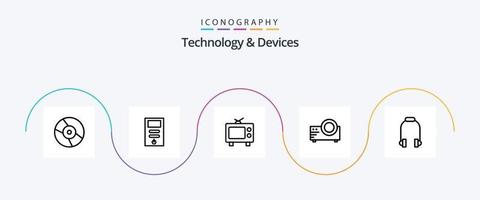 Dispositivos linha 5 pacote de ícones incluindo telefone. fone de ouvido. televisão. multimídia. filme vetor