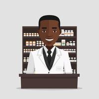 um homem negro adulto trabalhando como farmacêutico, com uma prateleira de remédios ao fundo vetor