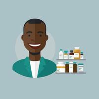 um homem negro adulto trabalhando como farmacêutico, com uma prateleira de remédios ao fundo vetor