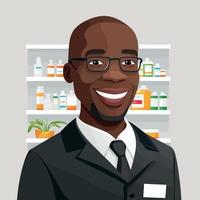 um homem negro adulto trabalhando como farmacêutico, com uma prateleira de remédios ao fundo vetor