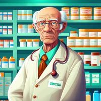 farmacêutico branco idoso vestindo jaleco e óculos vetor