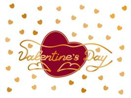 cartão de ouro para dia dos namorados com corações vermelhos e letras de mão com brilho. ilustração vetorial vetor