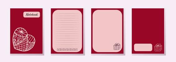 conjunto de capas estilo de amor de caderno. coração, presente, carta. páginas listradas e no verso. ilustração vetorial. vetor