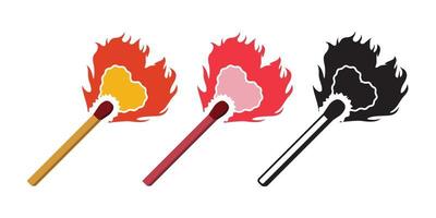 palito de fósforo com design de vetor de fogo em forma de coração, doodle de palito de fósforo pode ser usado para adesivo, mercadoria ou vestuário