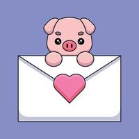 porco bonito segurando uma carta de amor mascote dos desenhos animados doodle arte mão desenhada contorno conceito vetor ilustração ícone kawaii