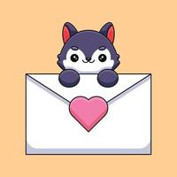 lobo fofo segurando uma carta de amor mascote dos desenhos animados doodle arte mão desenhada contorno conceito vetor ilustração ícone kawaii