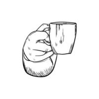mão segurando um ícone de xícara de café, arte de linha desenhada à mão de mão segurando uma xícara de café vetor