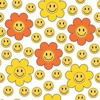 y2k sem costura padrão floral estilo retrô. emoji de cor amarela e laranja e flores para têxteis. vetor