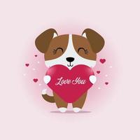 feliz dia dos namorados, com o tema de um cachorro fofo segurando um símbolo de coração com as palavras, te amo. vetor